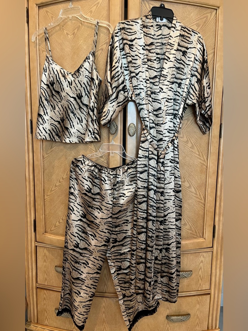 Silky 3-Pc. Tiger Stripe Loungewear Set - Robe, cami and fringed capri bottom